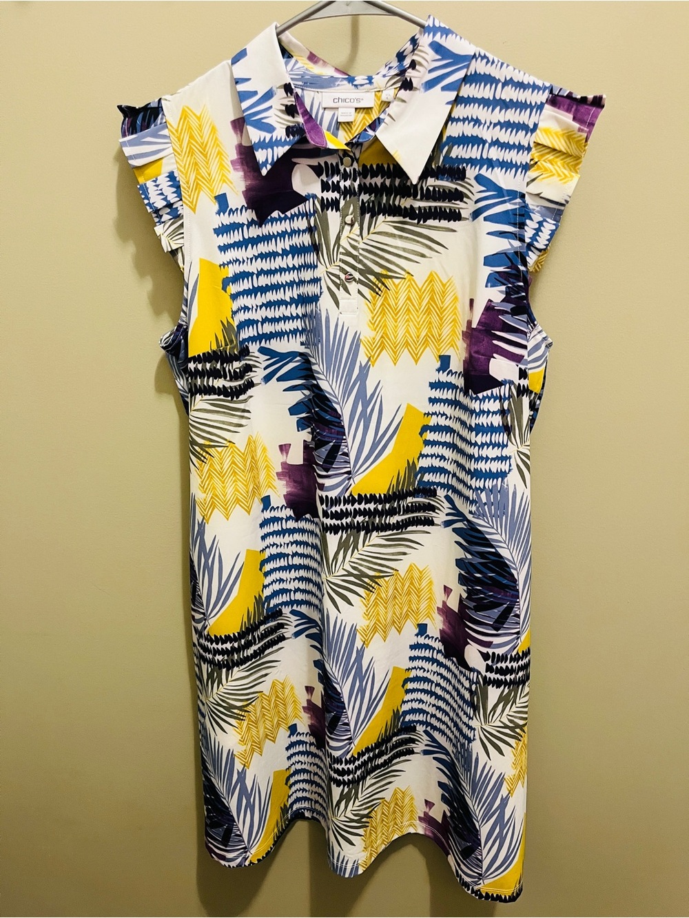 Chico's White Tropical Print Sleeveless Shirt Dress
